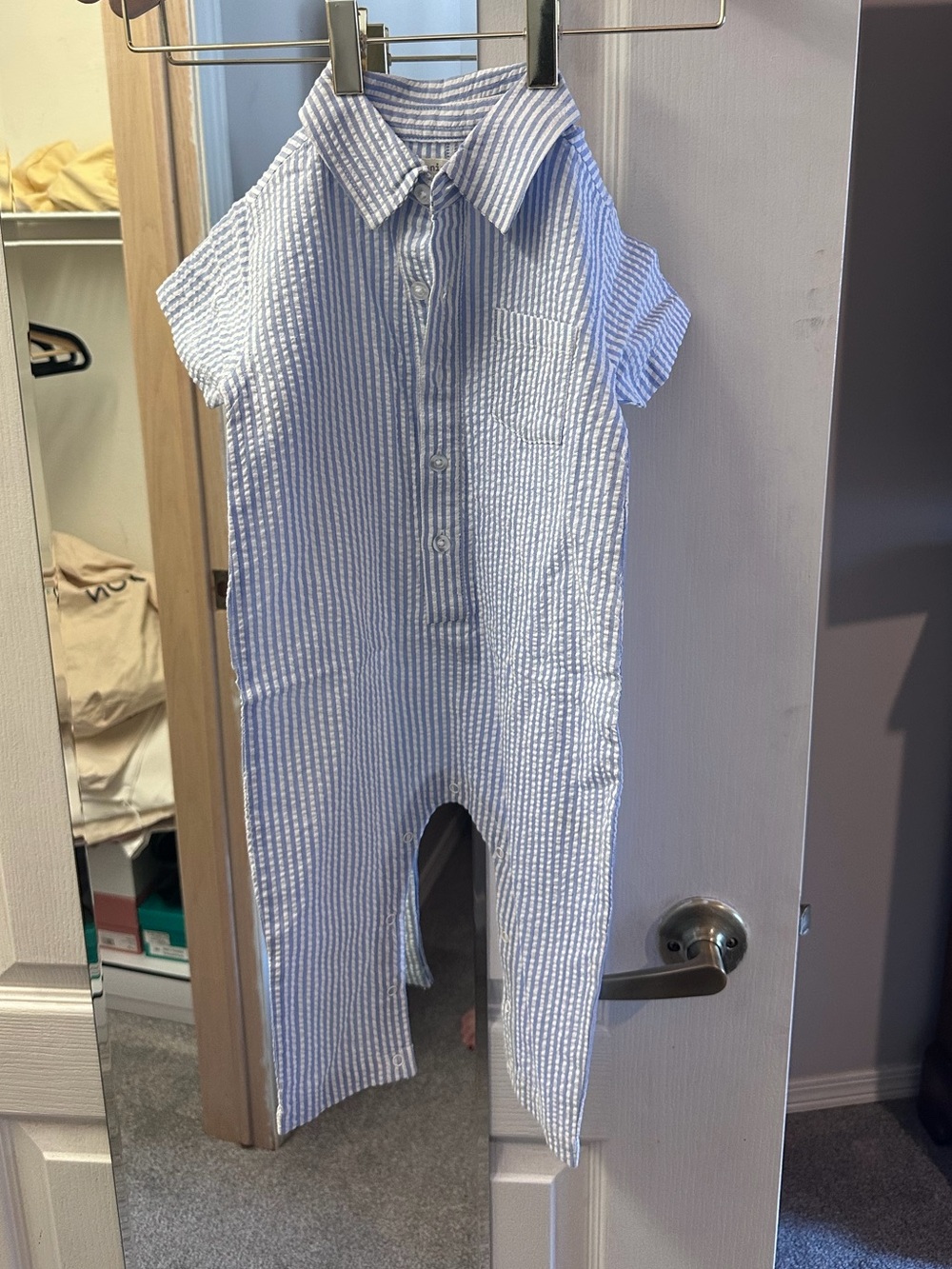 Classic Light Blue Seersucker Romper with Collar